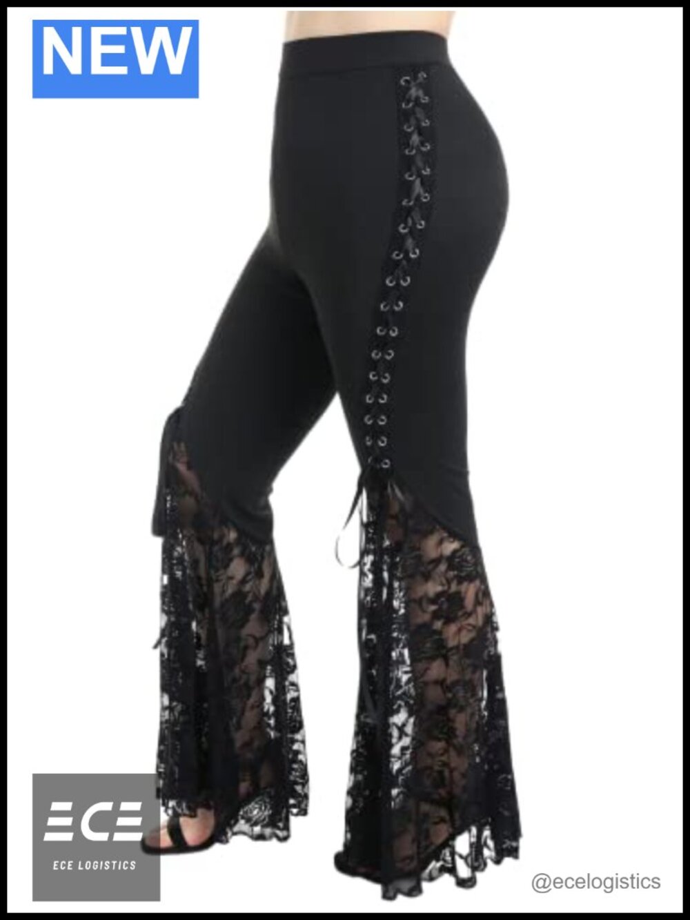 Plus Size High Waist Flare Lace-Up Pants Lace Panel Stretchy Casual